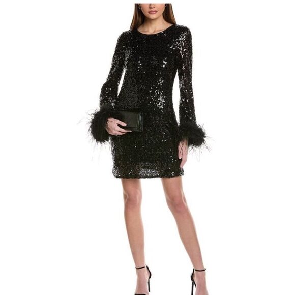 NWT Hutch Aria Cocktail Black Dress All Over Sequin Feathers size small